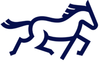 A stylized blue horse as part of Mustang Funding's logo