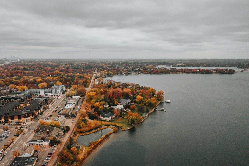 Aerial shot of the town of Wayzata, Minnesota
