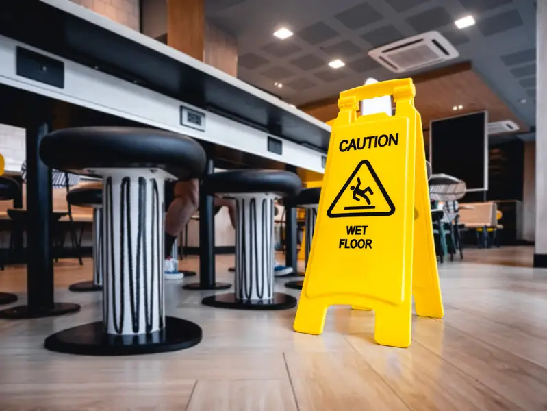 A "Caution: Wet Floor" sign in a business