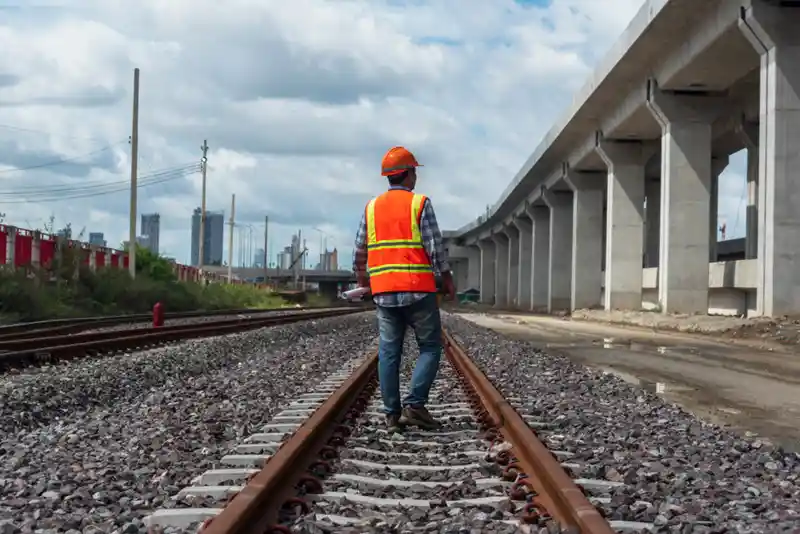 A railway worker on railroad tracks