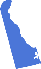 A blue icon shaped like the US state of Delaware symbolizing pre-settlement funding in Delaware