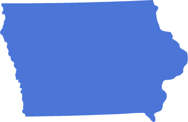 A blue icon in the shape of the US state of Iowa symbolizing pre-settlement funding in Iowa