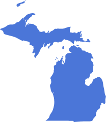A blue icon in the shape of the US State of Michigan symbolizing pre-settlement funding in Michigan