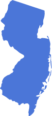 A blue icon in the shape of the US State of New Jersey symbolizing pre-settlement funding in New Jersey
