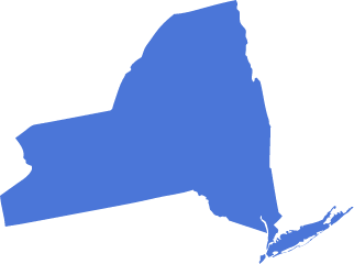 A blue icon in the shape of the US State of New York symbolizing pre-settlement funding in New York