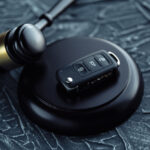 Car auction concept - gavel and car key on the wooden desk